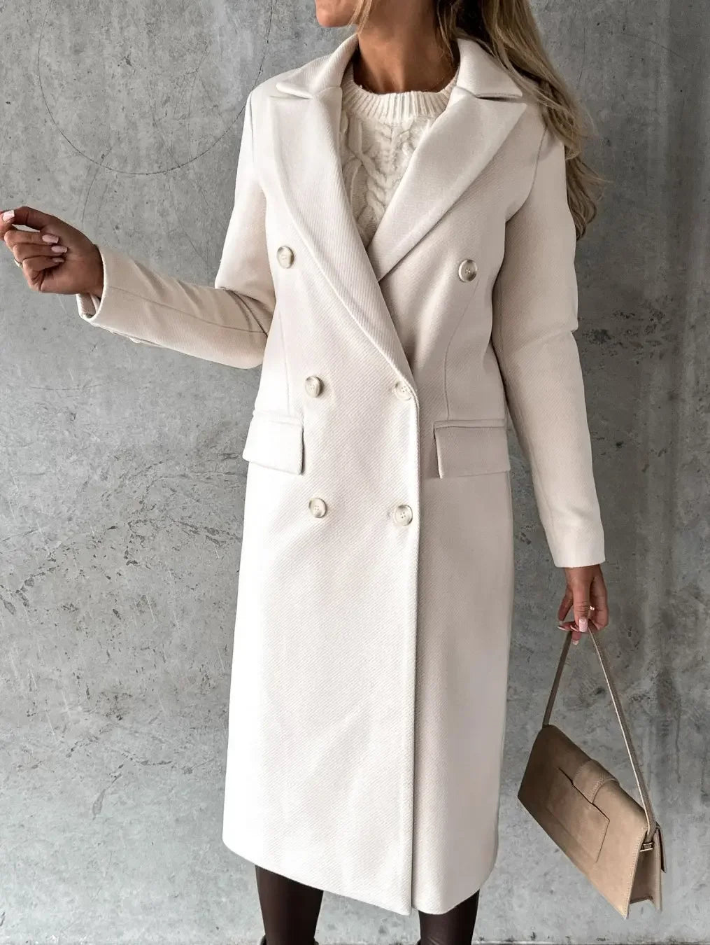 Women Double Breasted Woolen Outerwear Solid Color Long Overcoat Commuter Style Turndown Collar Lady Outerwear for Autumn Winter