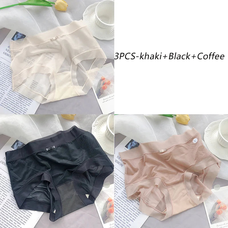 3PCS Women Seamless Panties Ice Silk Transparent Breathable Antibacterial Panty Mid-waist Briefs Cotton Underwear