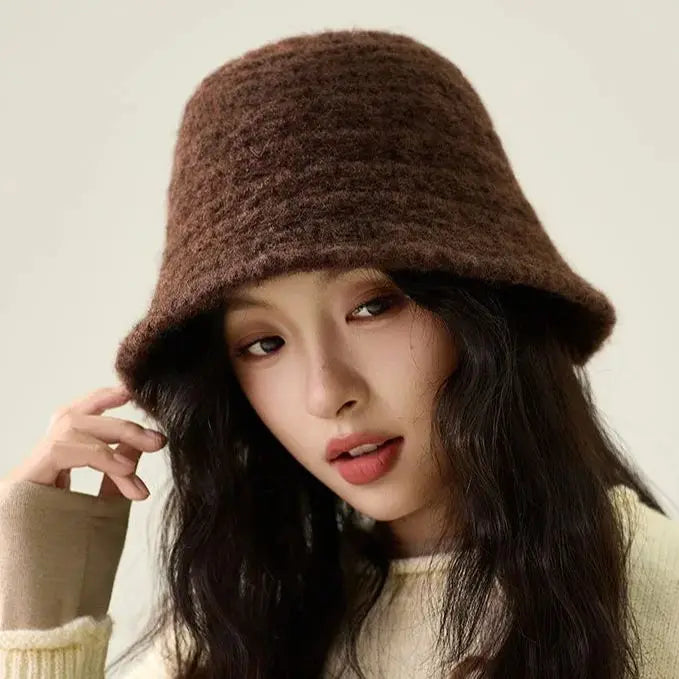 Fisherman's Hat for Women Autumn/Winter Knit Bucket Hat Face-Slimming Textured Bucket Hat Warm and Soft