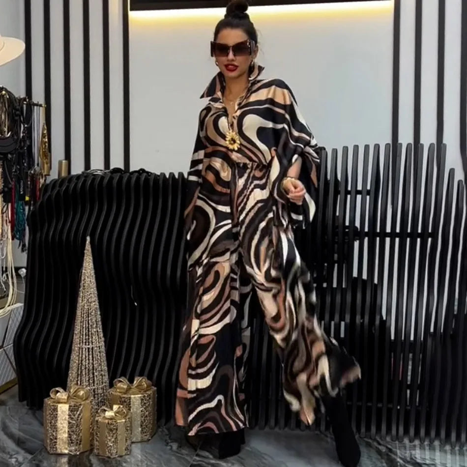 Women's Two Pieces Set Spring  Autumn New Elegant Printed Long Sleeves Tops Suits Fashionable Casual Loose Wide Leg Pants Sets