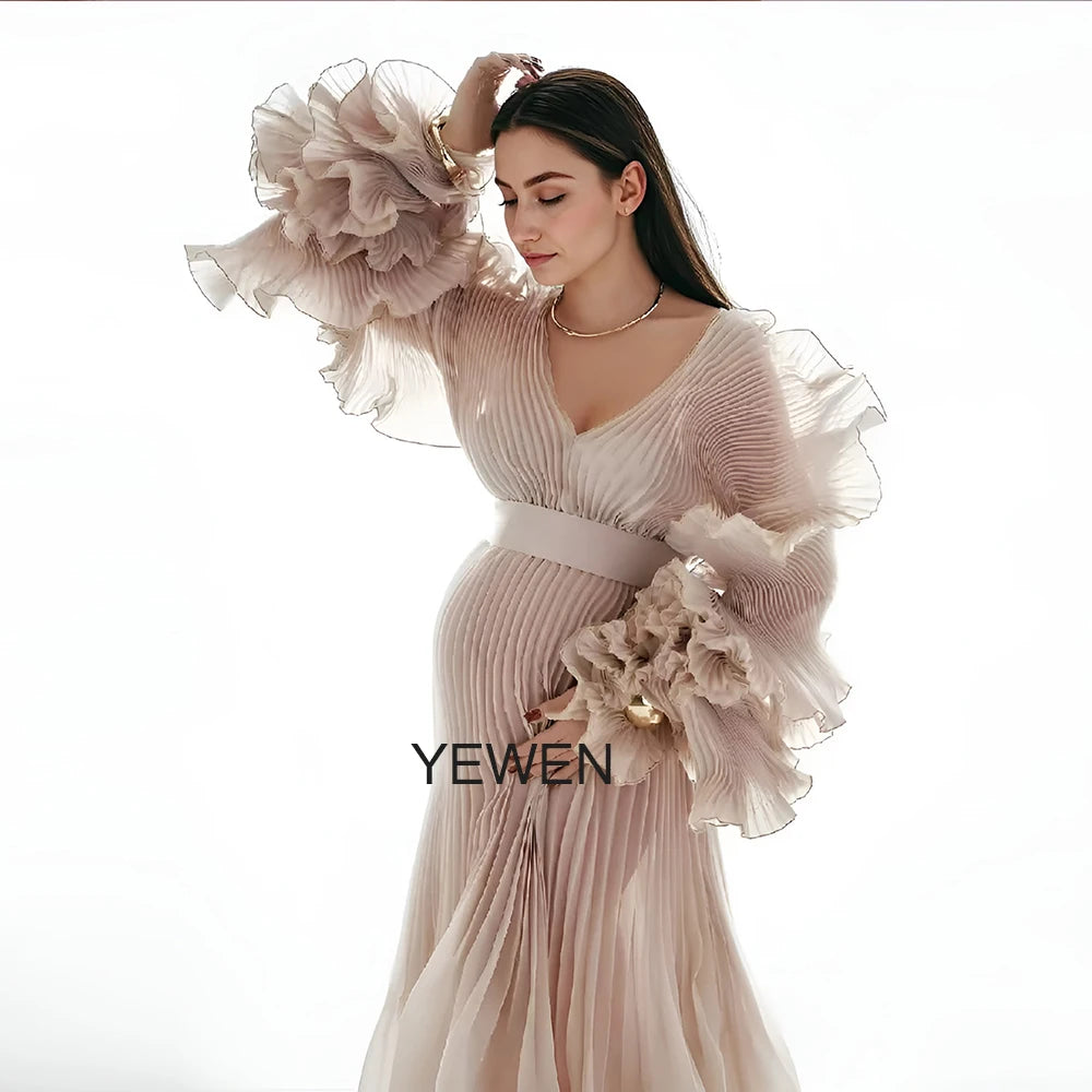 Maternity Dress for Pregnant Women for Photo Shoot V Neck Pleated Organza Long Flowy Maternity Dresses for Pregnant Photography