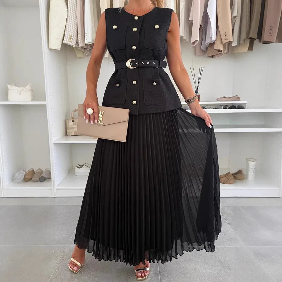 Elegant Long Dresses 2 Piece Set Women Summer Autumn Top Single Breasted Tweed Jacket A Line Chiffon Maxi Skirts Suits Outfits