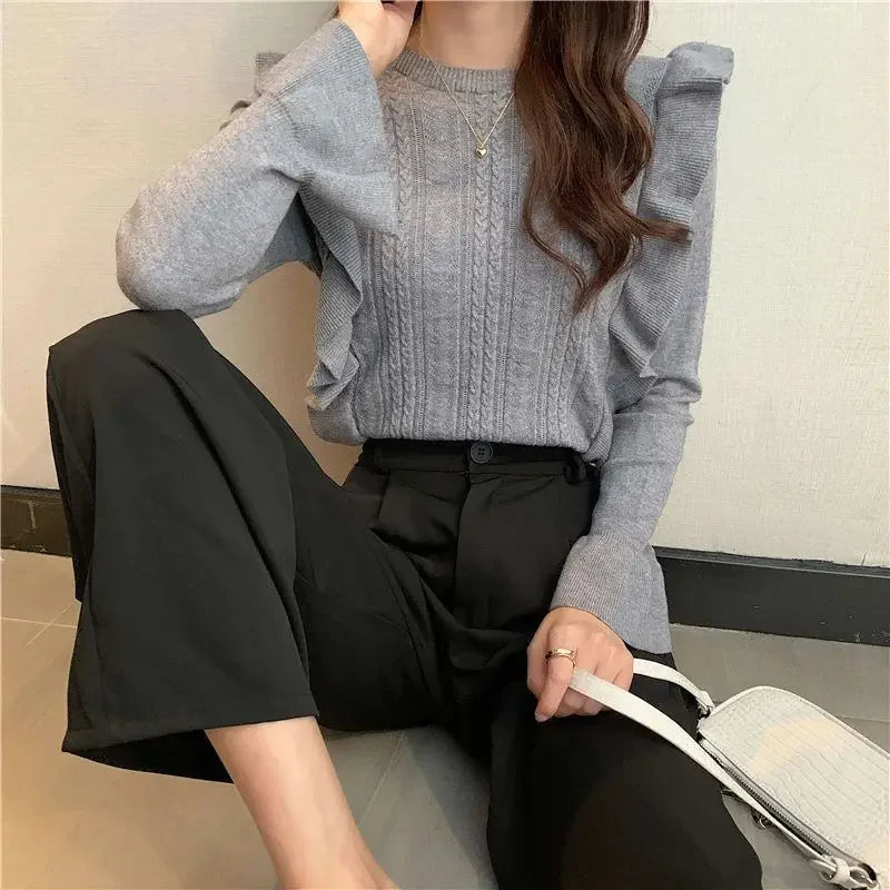 Ladies Sweaters Pullovers Round O Neck Grey Knitted Top for Women Jersey Winter 2025 Jumper Economics Long Sleeve Thermal Blouse