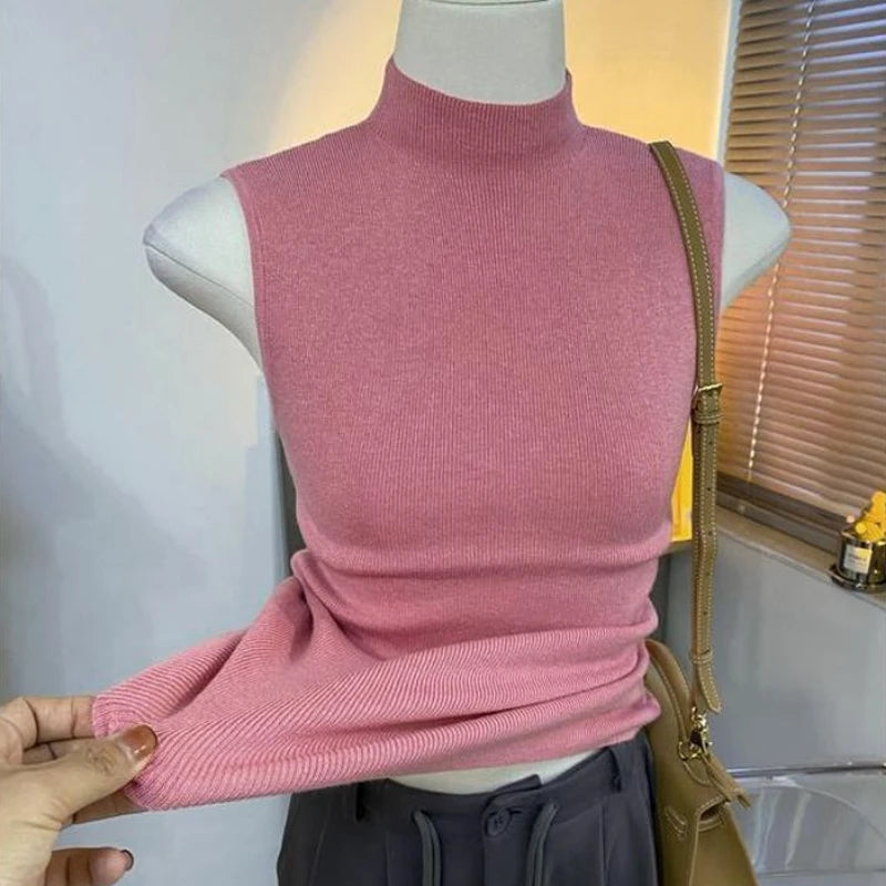 Sweater Vests Women Simple Half High Collar Fashion Autumn Basic Slim Sleeveless Sweaters All-match Ulzzang Leisure Knitting Ins