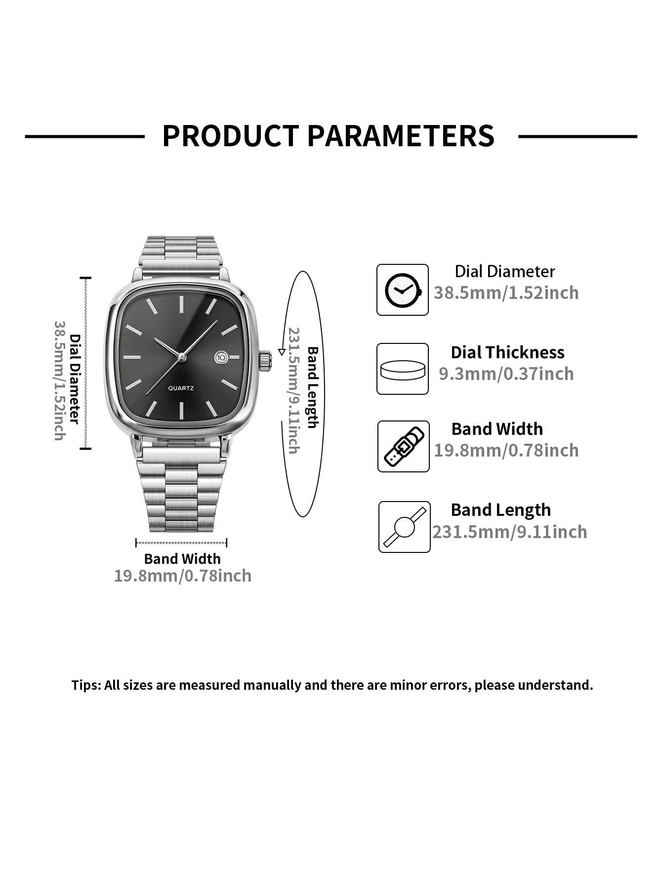 LUCKY FOX Modern minimalist square watch Business mens metal watch stainless steel chain multi-scene commuter watch