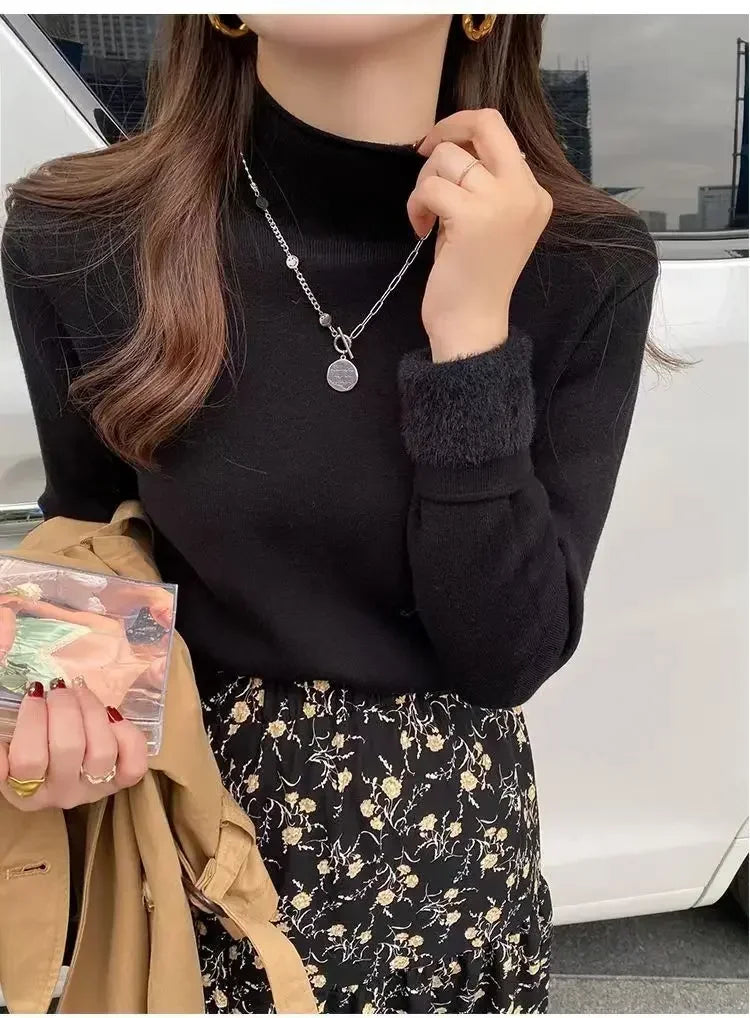 2025 Sweater For Women Casual Thick Warm Knit Plush Velvet Lined Pullover Tops Fall Winter Soft Knitwear Jumper New Slim Poleras