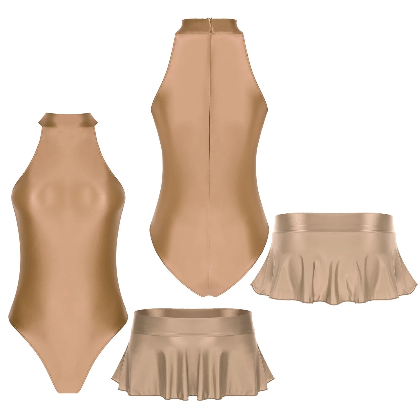 Women Glossy Bodysuit Swimsuit Set Elastic Sleeveless High Cut Leotard with Ruffled Mini Skirt Swimming Bathing Suit Swimwe﻿ar