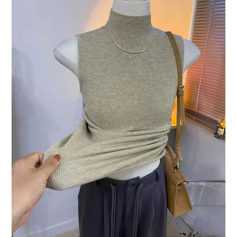 Sweater Vests Women Simple Half High Collar Fashion Autumn Basic Slim Sleeveless Sweaters All-match Ulzzang Leisure Knitting Ins