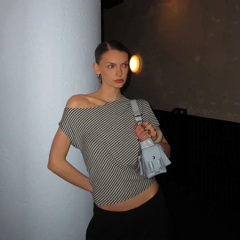 Striped T Shirts For Women Streetwear Inclined Collar Crop Top Y2k Accessories Short Sleeve Grunge Clothes Ropa Mujer Camisetas