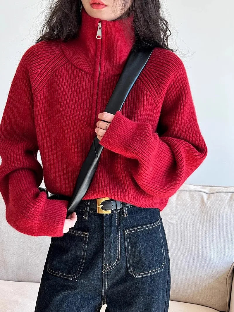 Sweater Pullover Women Autumn Winter 2025 New Zipper Underlay Loose Short Style Popular Premium Sweater Female Tops