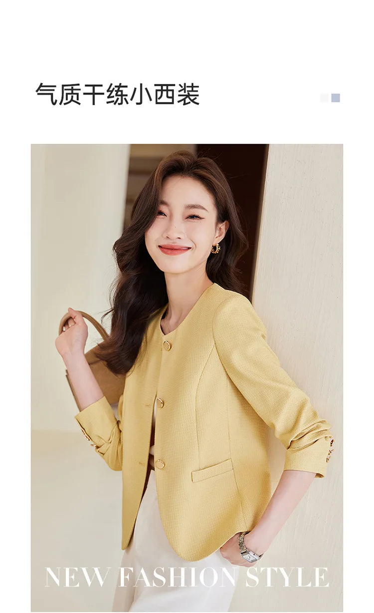 High quality blazer for women short jacket single breasted O neck spring autumn elegant office clothes pink yellow blue white