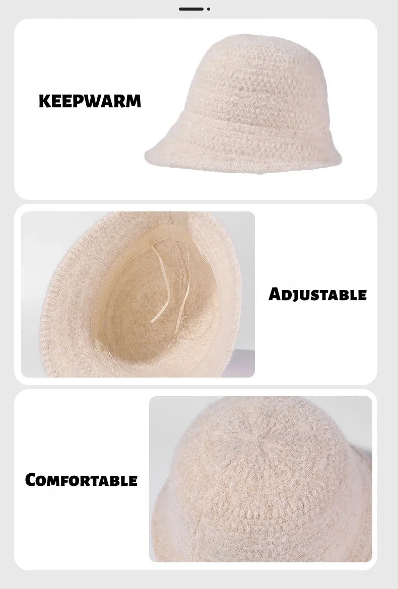 Fisherman's Hat for Women Autumn/Winter Knit Bucket Hat Face-Slimming Textured Bucket Hat Warm and Soft