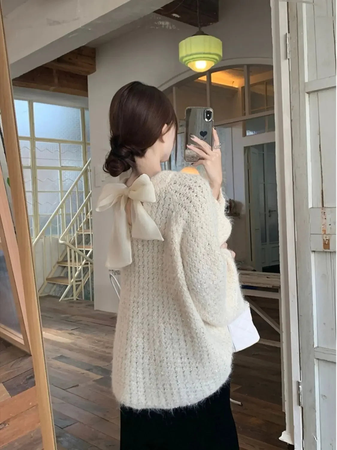 Sweater Women Sweet Bow Round Neck Casual Knitted Sweaters Korean Fashion Gentle Solid Color Casual Long Sleeve Top