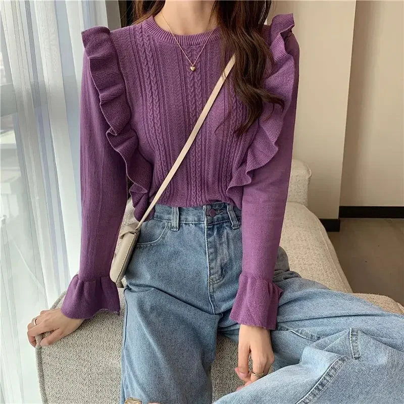 Ladies Sweaters Pullovers Round O Neck Grey Knitted Top for Women Jersey Winter 2025 Jumper Economics Long Sleeve Thermal Blouse