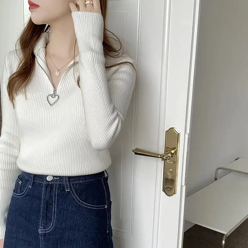 Sweater Women's Autumn and Winter New Semi-turtleneck Love Zipper Core-spun Yarn Bottomed Knitted Sweater Thermal Top