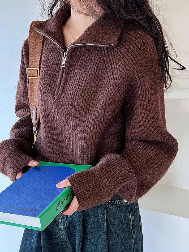 Sweater Pullover Women Autumn Winter 2025 New Zipper Underlay Loose Short Style Popular Premium Sweater Female Tops
