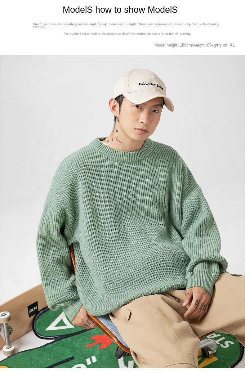 2023 Autumn Winter New Sweater Women's Men's  Green Knitted pullover Basic Solid Color Loose Black White Sweater Coats Warm Tops