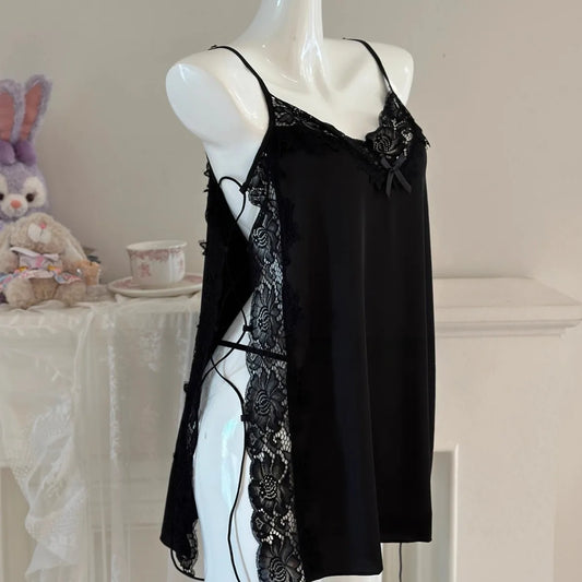 Satin Nightgown Lady Sexy Bowknot Lace Lingerie Spaghetti Strap Night Dress For Women Nighties Sleeveless Sleepwear Nightwear