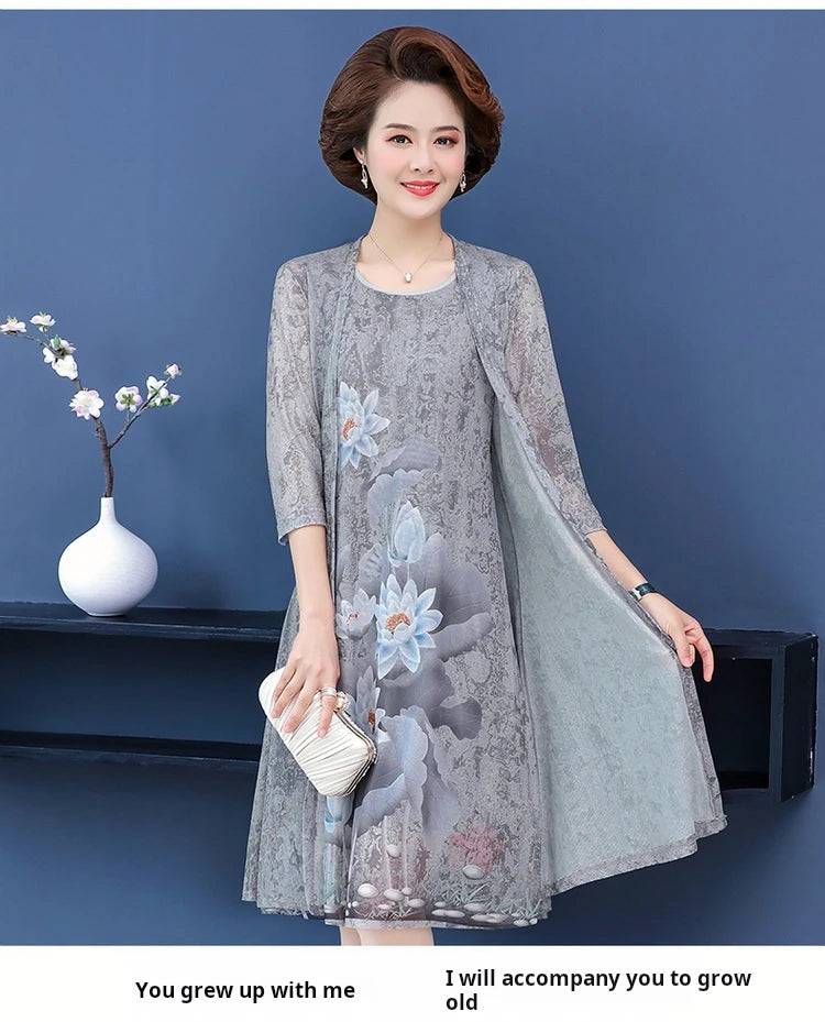 Elegant Dresses Women NEW Summer Casual Retro Temperament printing two Piece Set Dress Mother Dress plus Size