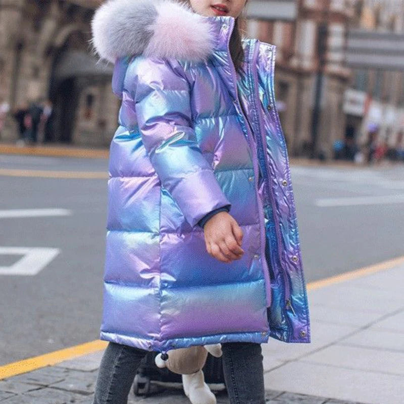 Warm Winter Jacket For Girls Coat Fashion Waterproof Shiny Hooded Children Outerwear Clothing 5-14 Years Teenage Kids Parka