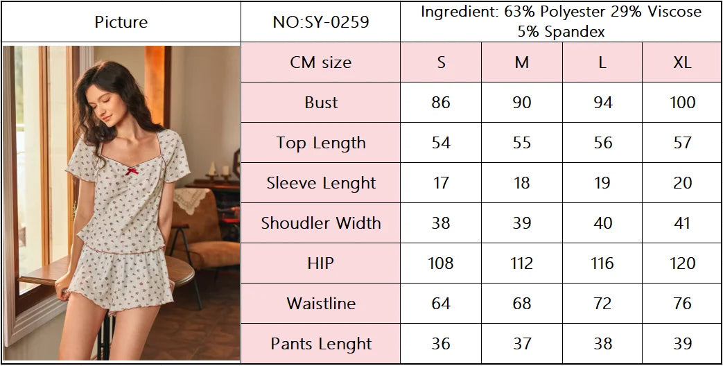 Women's Two-piece Pyjamas Sensual Romantic Floral Print With Scalloped Trim and Bow Detail Short-sleeved Top Shorts Homewear