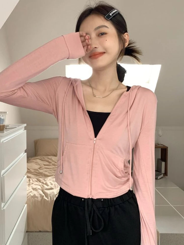 Hooded Jackets Women Thin Sunscreen Solid Fashion Summer Long Sleeve Cropped Coats All-match College Breathable Sporty Popular
