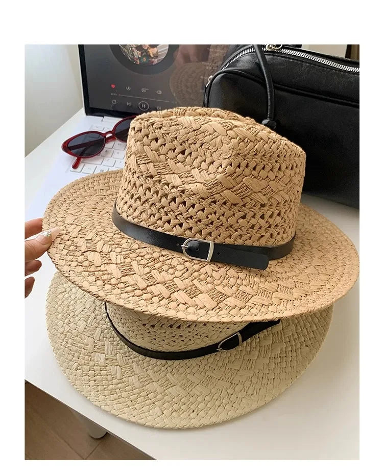 Straw Western Cowboy Hat for Women Men Classic Vintage Hollow Out Unisex Curled Wide Brim Sun Hat Fishing Hat Climbing Cap