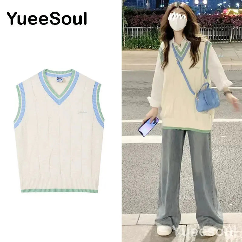 Sweet Kawaii Sweater Vest Printed Sleeveless Casual Outerwear Knitted Waistcoat 2023 Vintage Y2K Spring  E Girl Pullovers Tops