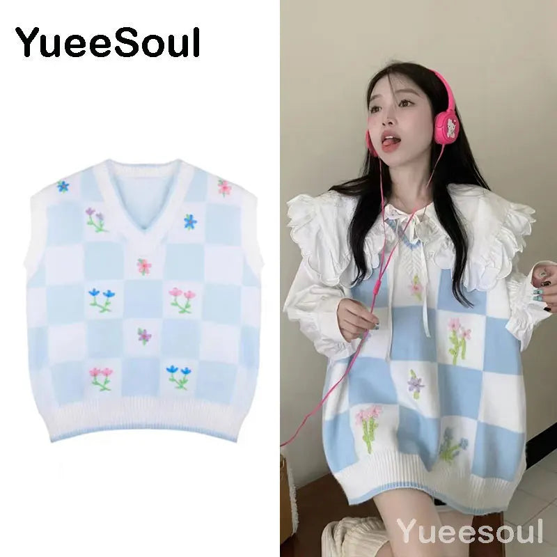 Sweet Kawaii Sweater Vest Printed Sleeveless Casual Outerwear Knitted Waistcoat 2023 Vintage Y2K Spring  E Girl Pullovers Tops