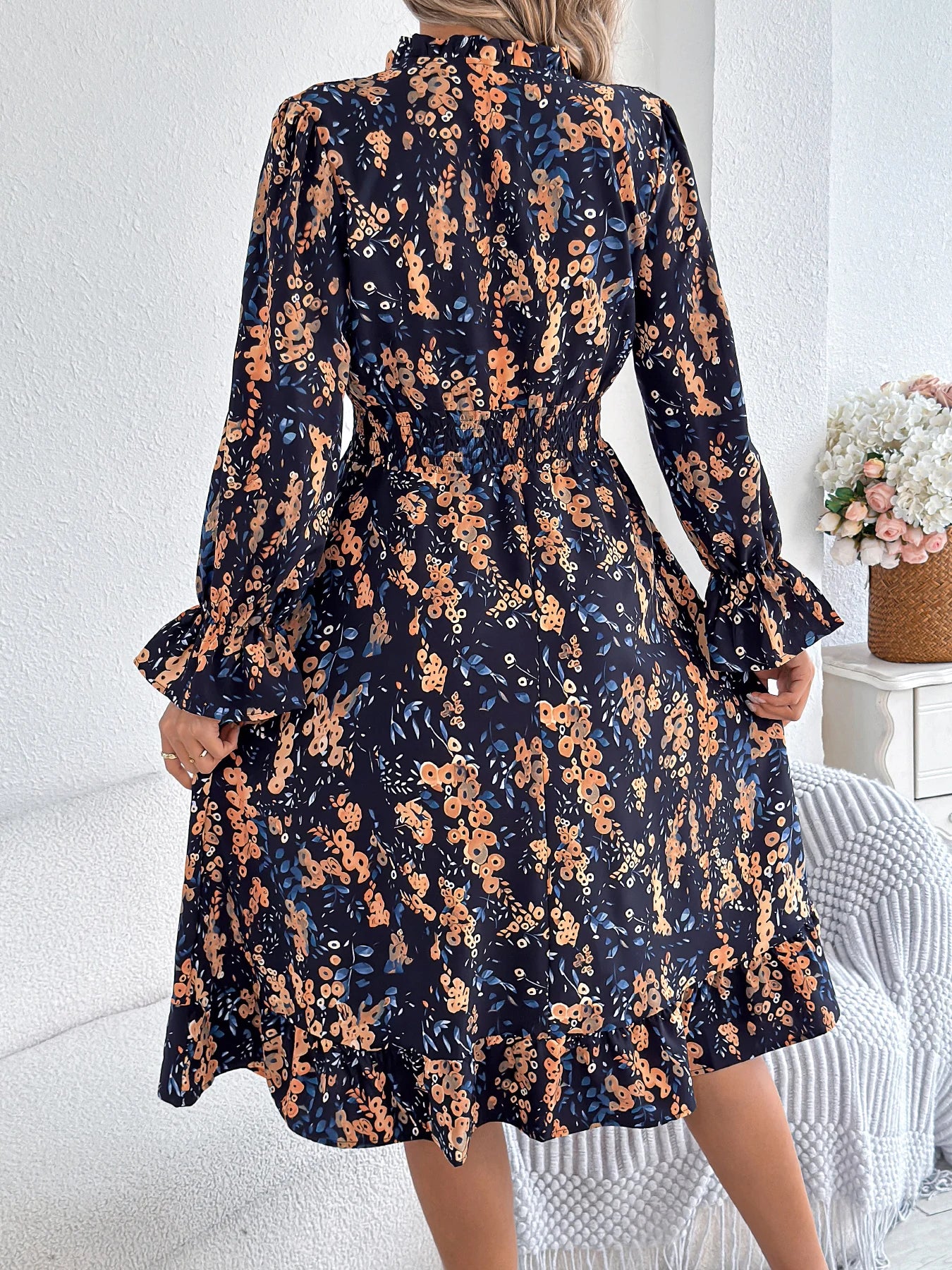 Elegant Floral Print Dresses Women 2025 Autumn Winter V Neck Flare Long Sleeve Ruffled A Line Dress