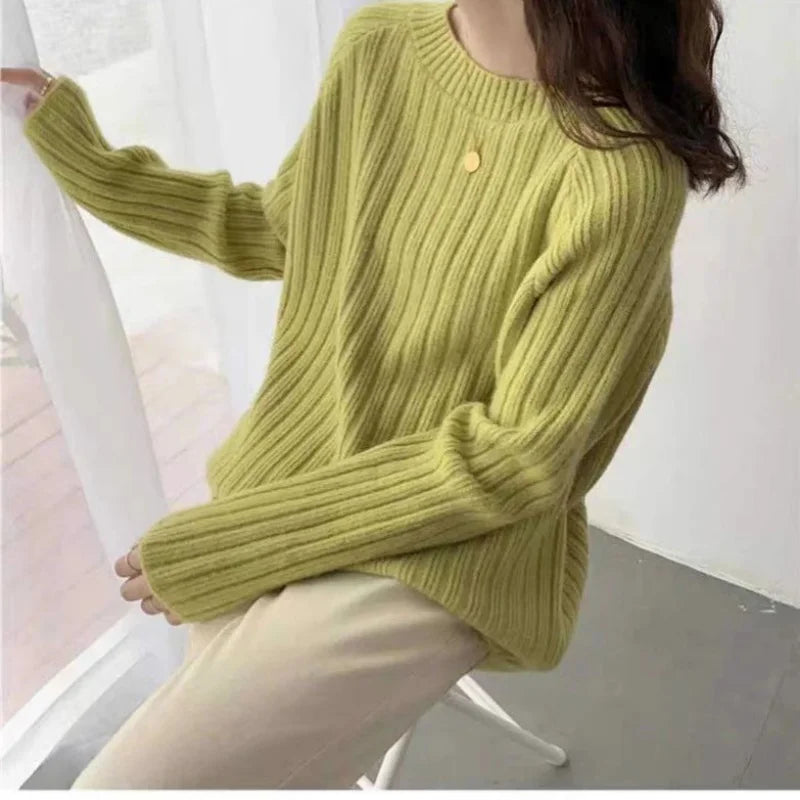 Sweater Women Autumn Winter Loose Wear 2025 Hot Selling 100%High-Density Knitted Pure Wool Sweater Solid Color Base Pullover Top