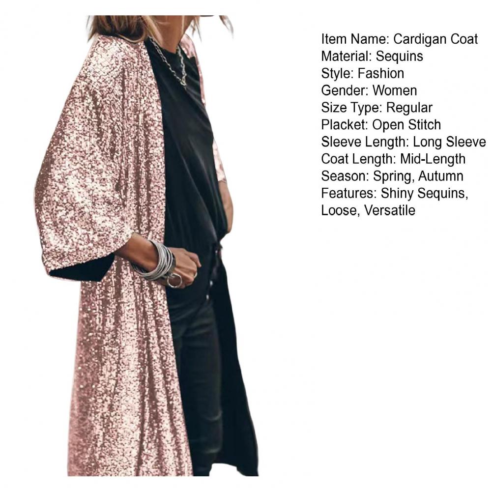 Women Coat Comfy Loose Outerwear Outwear Windproof  Stylish Shining Sequins Cardigan Jacket Top
