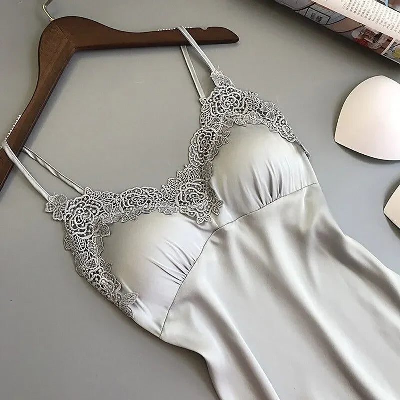 Ladies Sexy Silk Satin Night Dress Sleeveless Nighties V-neck Nightgown Nightdress Lace Sleepwear Nightwear for Women Sleep Tops