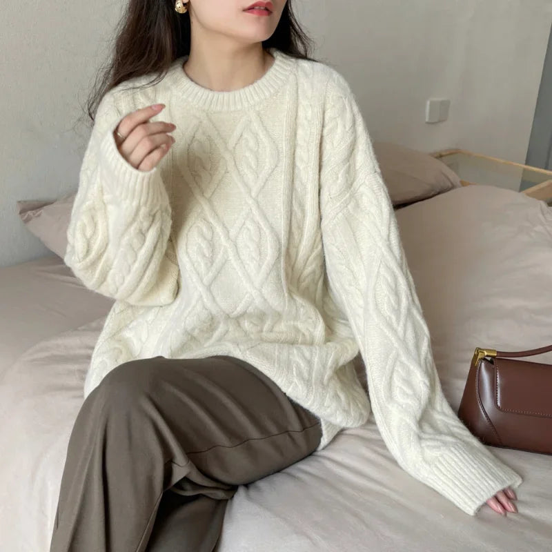 Sweater Woman Winter 2023 Round Neck Bottoming Twist Sweater Lazy Wind Loose Casual Knit Pullover Long Sleeve Pullover Jumper