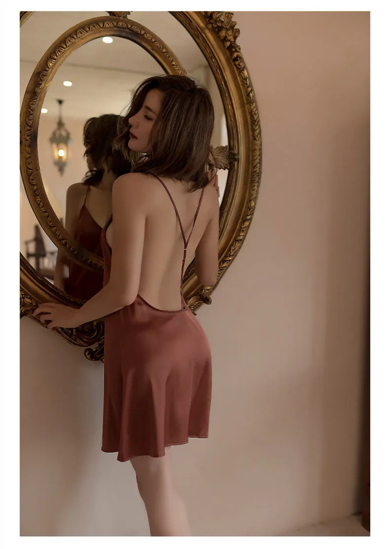 Sexy nightwear women Sleepwear Deep V Suspender Nightdress Beauty Back Simulation Silk Nightgowns Thin Home Clothes
