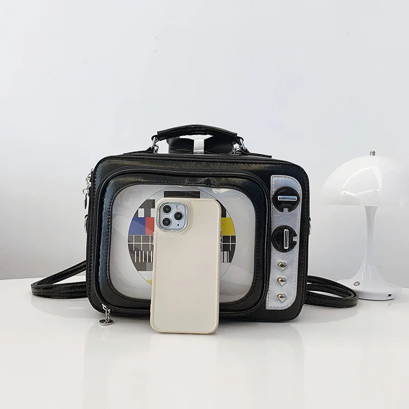 Cartoon Cute Handbags for Women Funny Retro TV Transparent Square Bag Fashion Leather Personalized Creative Shoulder Bag Woman