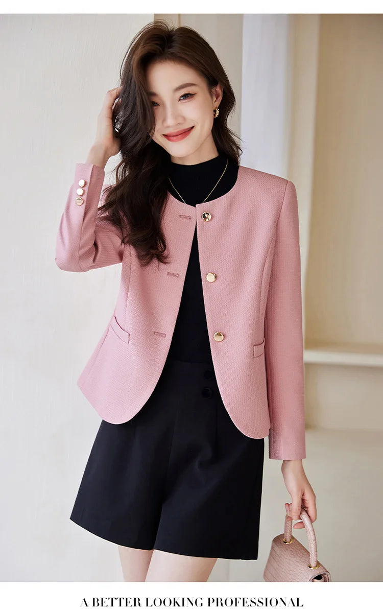 High quality blazer for women short jacket single breasted O neck spring autumn elegant office clothes pink yellow blue white