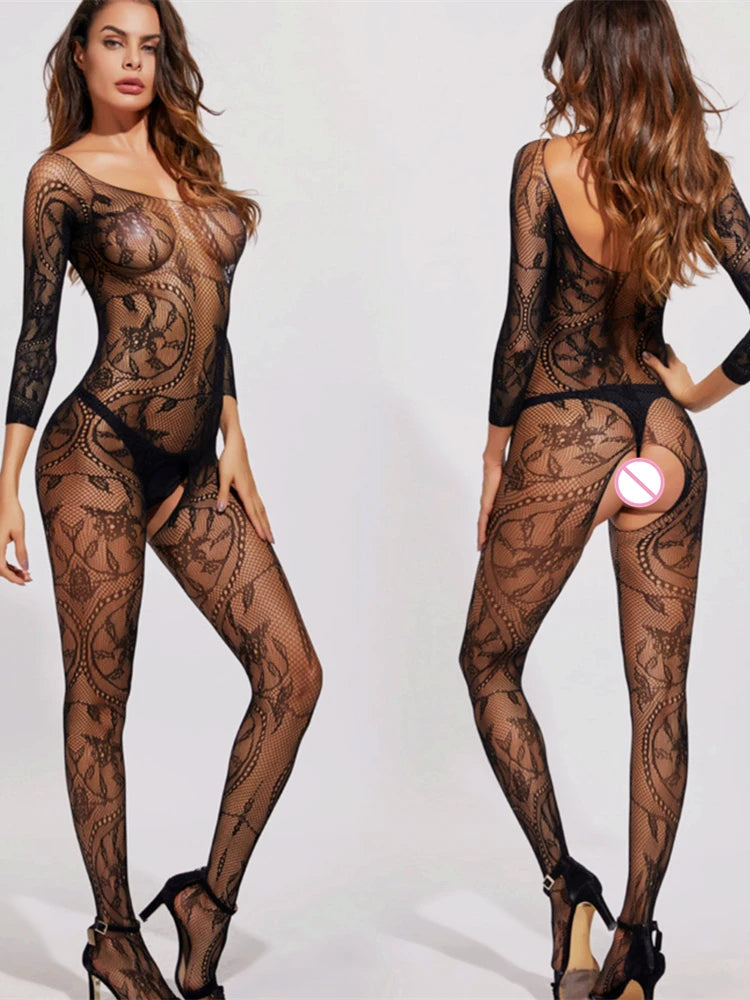 High Elasticity Bodysuits Female One-piece Full Body Stockings Clothes Women Sexy Fishing Net Tights Lingerie Perspective