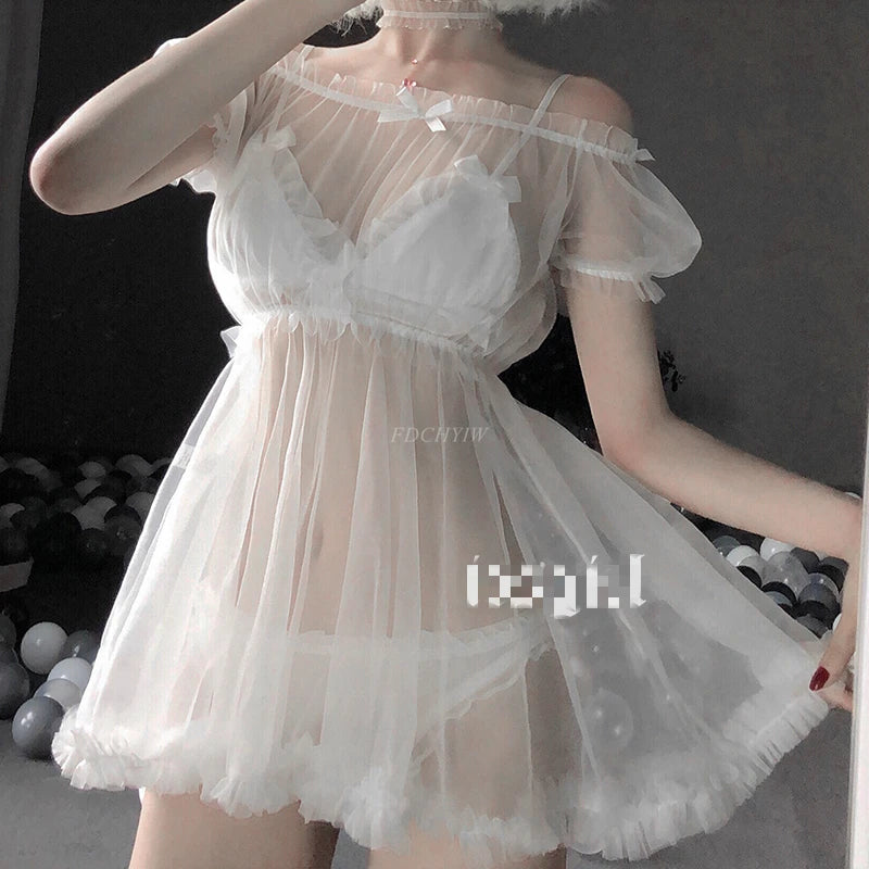 Sexy Lingerie White Night Dress Perspective Out Lace Sleepwear Female Temptation Women's Nightgown Nightwear Sleeping Dress