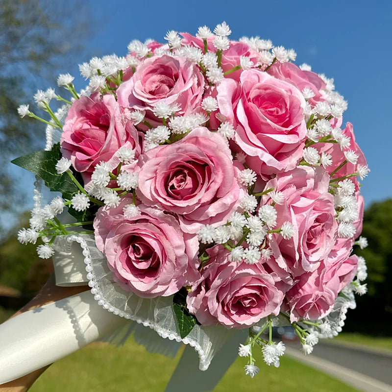 Wedding Bouquets for Bride Babysbreath Rose Bridesmaid Bouquets Silk Ribbon Valentine's Day Decoration Pearl Lace Mesh Ball Gift