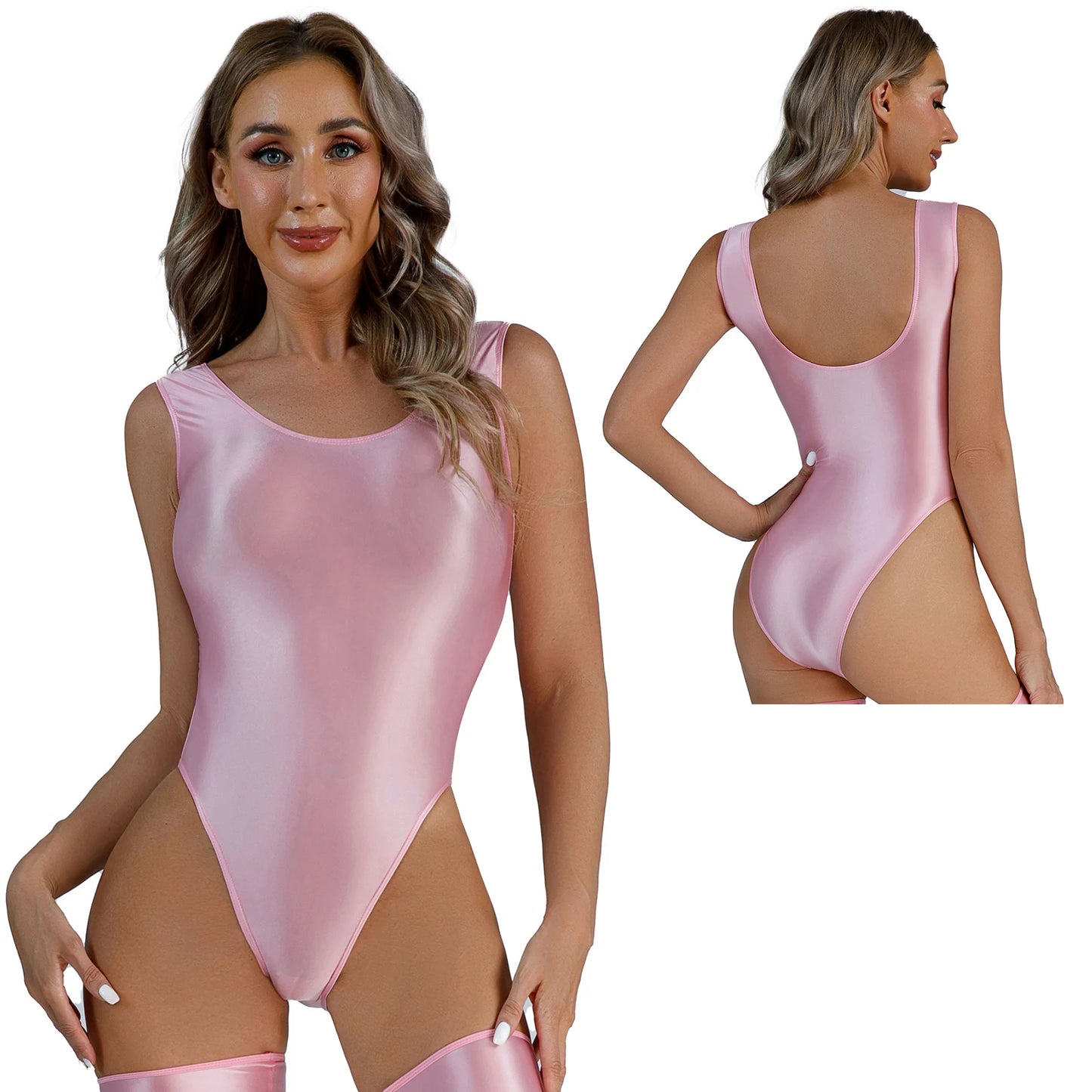 Womens Glossy High Cut Bodysuit Sexy Sleeveless Backless One-piece Swimwear Sports Workout Fitness Gymnastics Leotard Swimsuit
