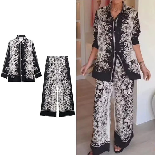 Chic Elegant Pants Set Women's 2 Pieces 2025 New Fashion Printed Shirt Top + Trousers Casual Sets Two Piece Woman Outfits