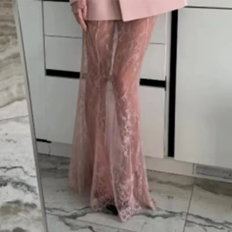 2025 Elegant Blazer Skirt Sets Women Two Piece Double Breasted Jacket Lace See Through Trousers Suits New Party Gown Set