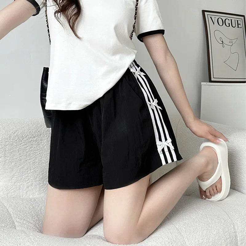Summer Oversized Shorts Women Striped Bow Fashionable Large Wide Leg Casual Shorts Thin Quick Drying High Waist Straight Shorts