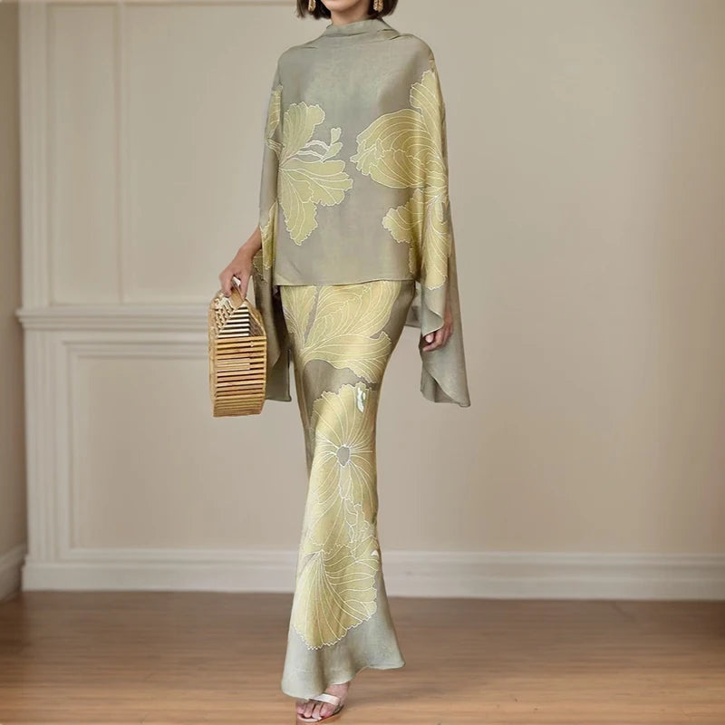 Elegant Floral Print Dress Suits Fashion Silk Beaded Loose Pencil Maxi Skirt Suit Two Piece Set Simple Party Gown Dresses Sets