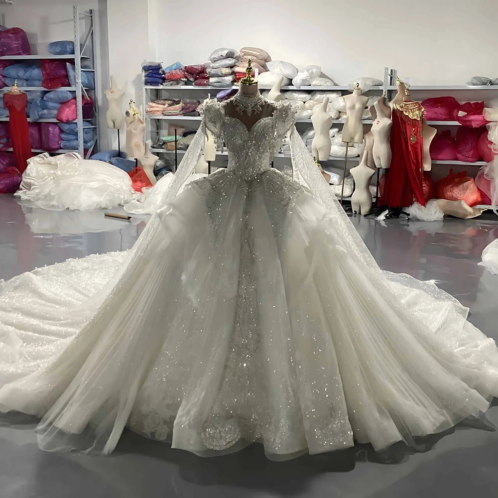 Vintage Wedding Dresses Princess Ball Gowns Beading Bridal Shinny Tulle Cape Sleeves Elegant Luxury Marriage Dress Customized