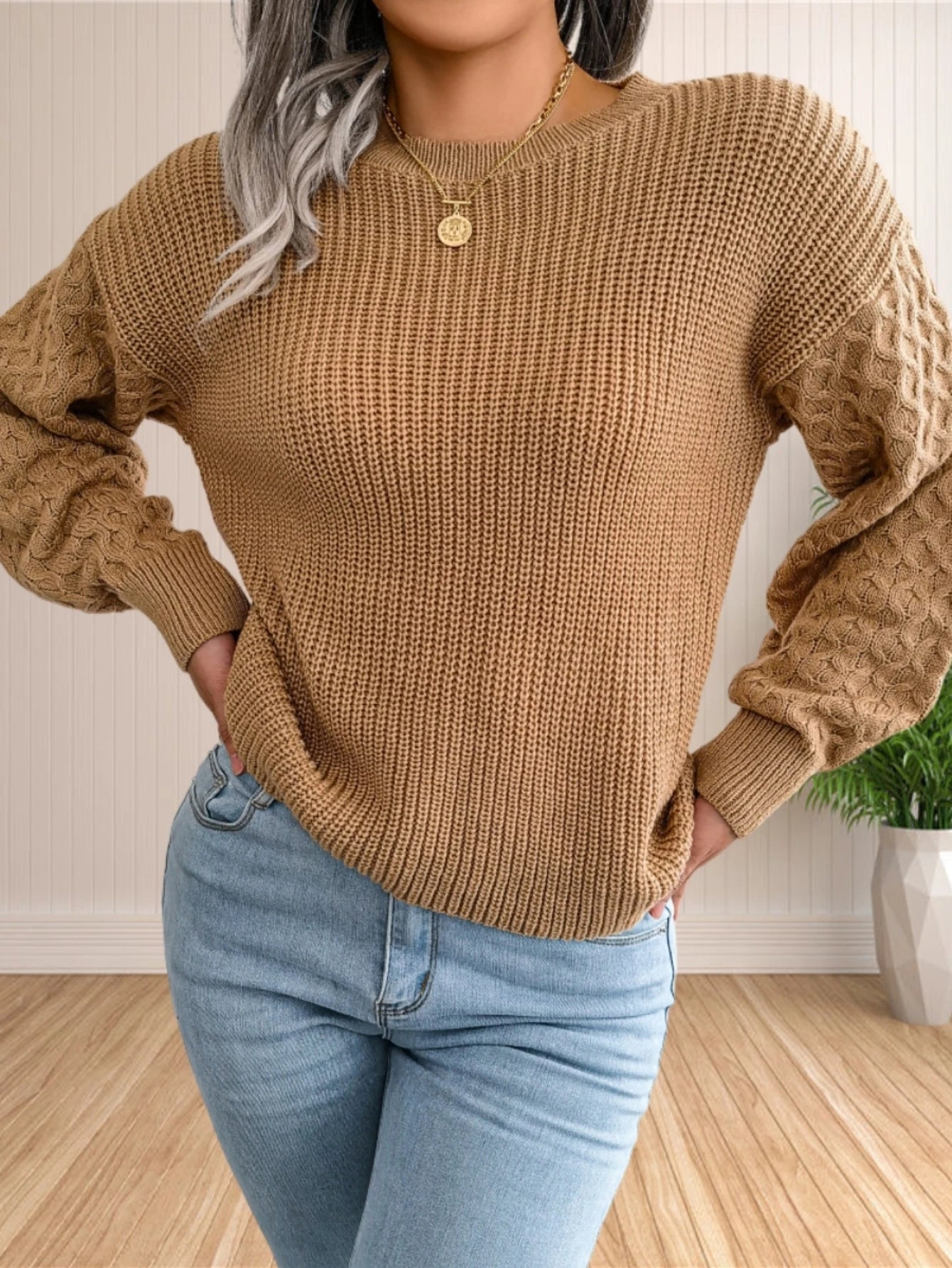 Sweater for Women Cable Knit Crew Neck Long Sleeves Fashion Casual Pullover Sweater Tops