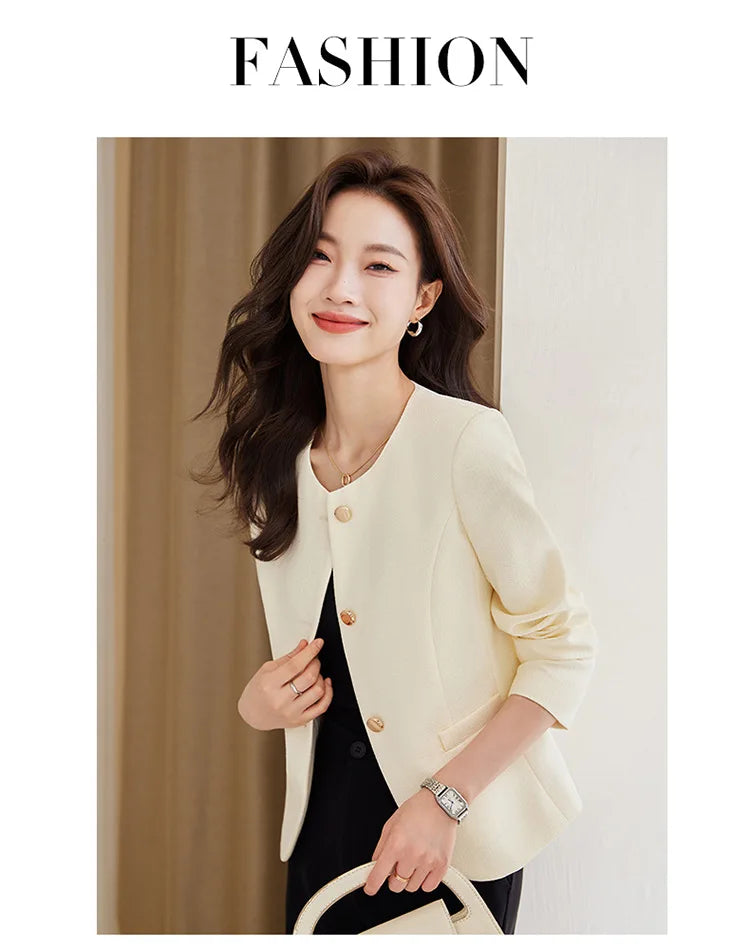 High quality blazer for women short jacket single breasted O neck spring autumn elegant office clothes pink yellow blue white