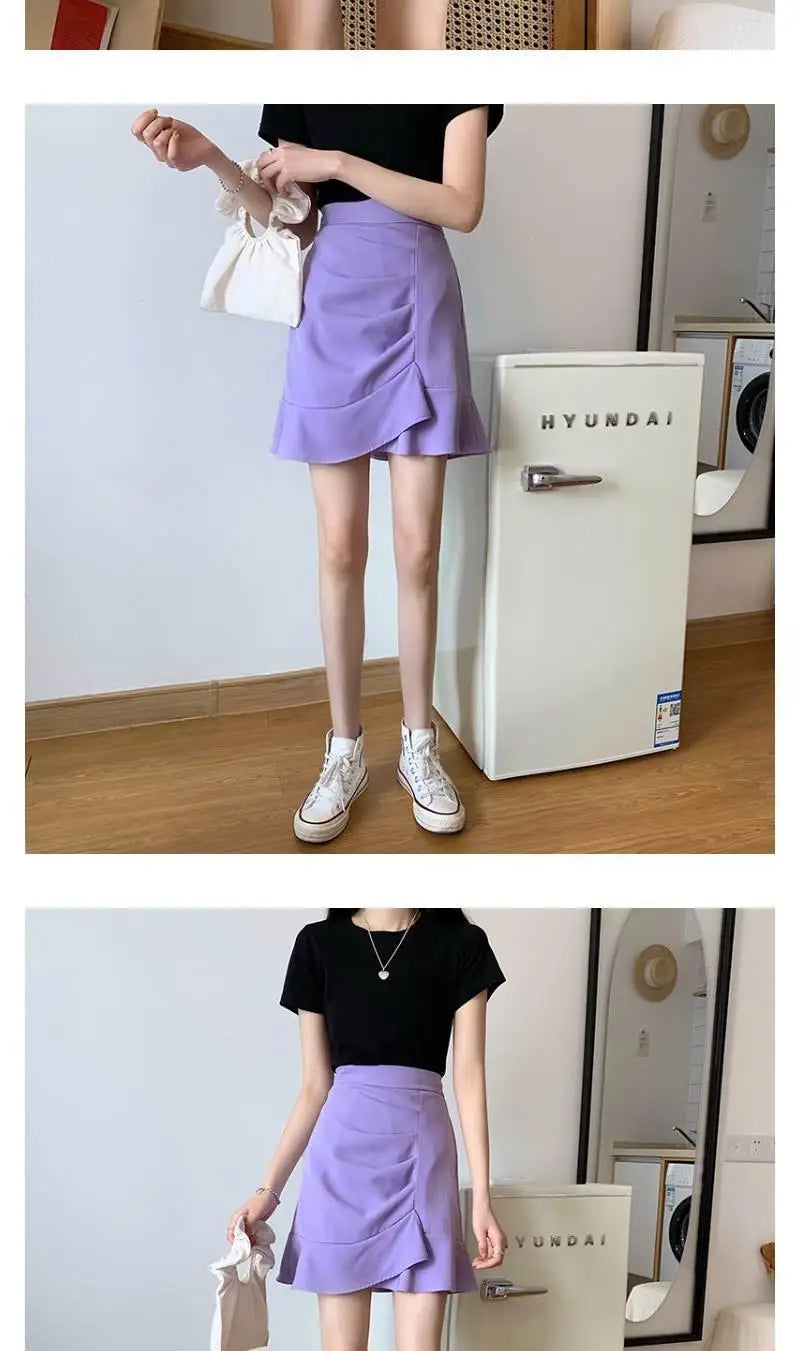 Irregular High Waist Skirts for Female Summer New Korean Fashion All-match Bag Hip A-Line Solid Color Ruffles Spliced Mini Skirt