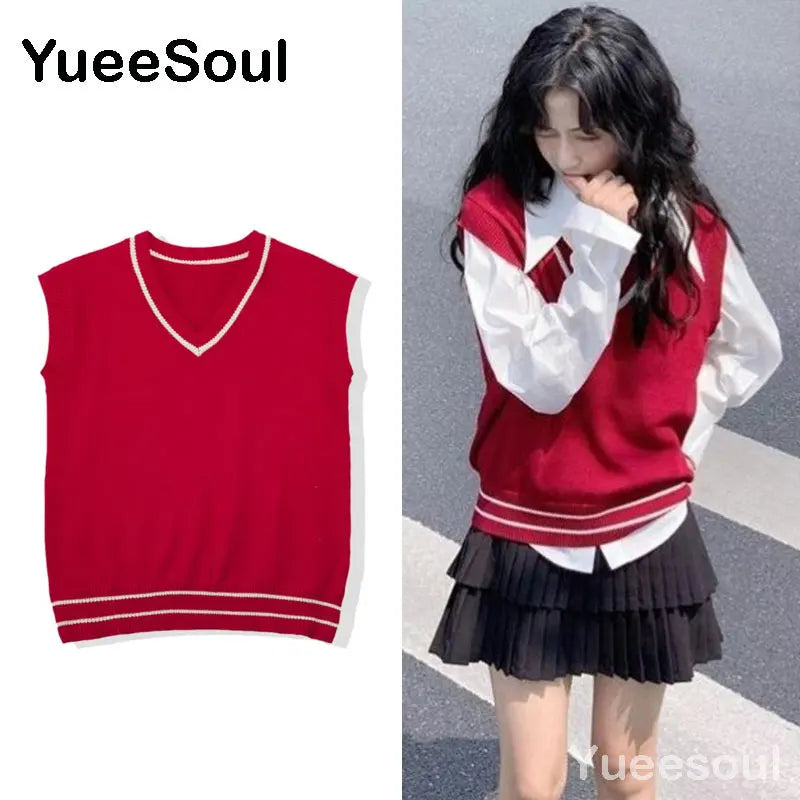 Sweet Kawaii Sweater Vest Printed Sleeveless Casual Outerwear Knitted Waistcoat 2023 Vintage Y2K Spring  E Girl Pullovers Tops